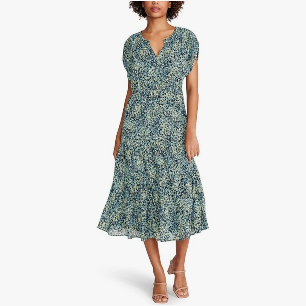 Steve Madden dress Medium multicolor ditsy floral green blue cap sleeve v-neck